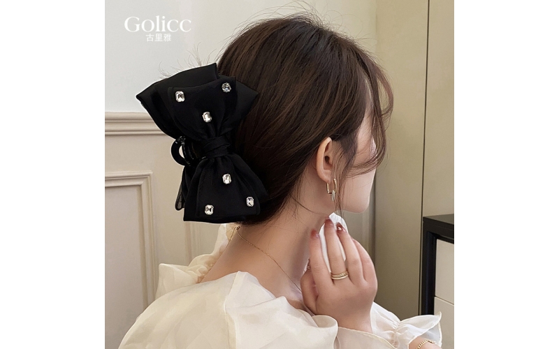 St Future Black Satin Bow Claw Clip - High Fashion, Sparkling Rhinestone, Versatile Hair Accessory